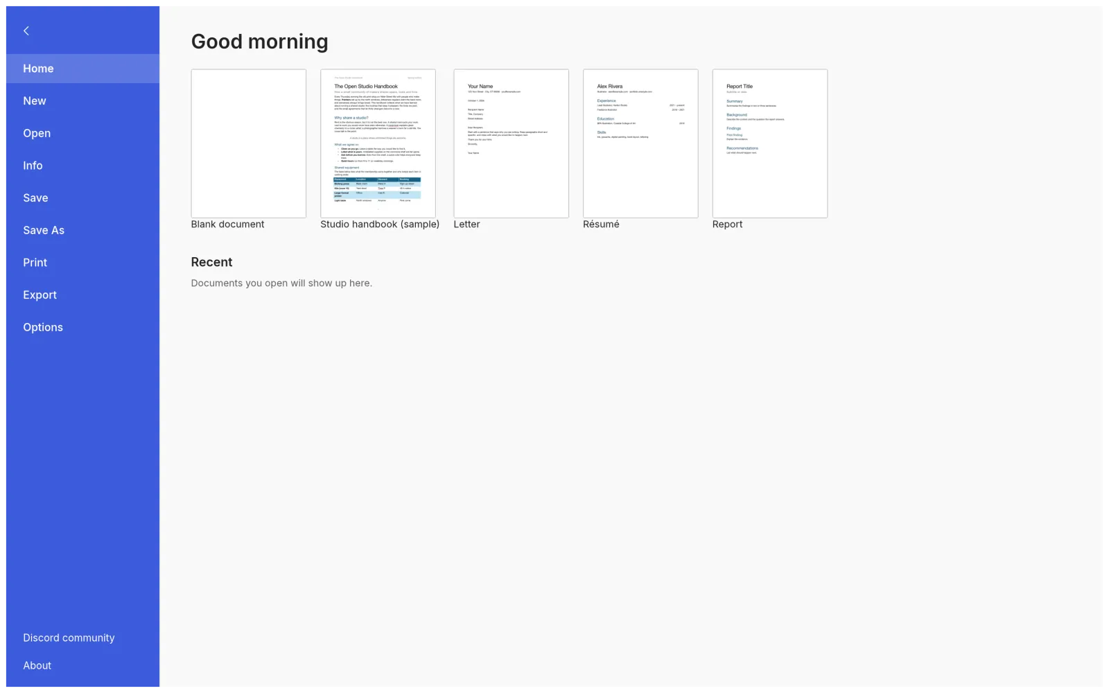 WordCraft File menu with blank document and template options