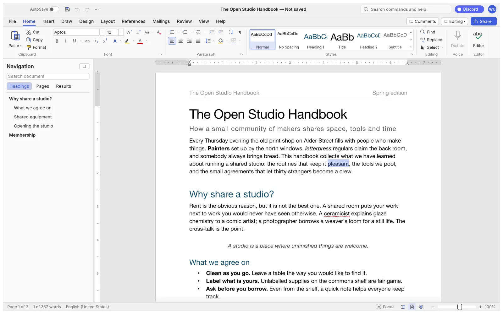 The WordCraft app with the Home tab, live Styles gallery and Navigation pane open on a two-page document