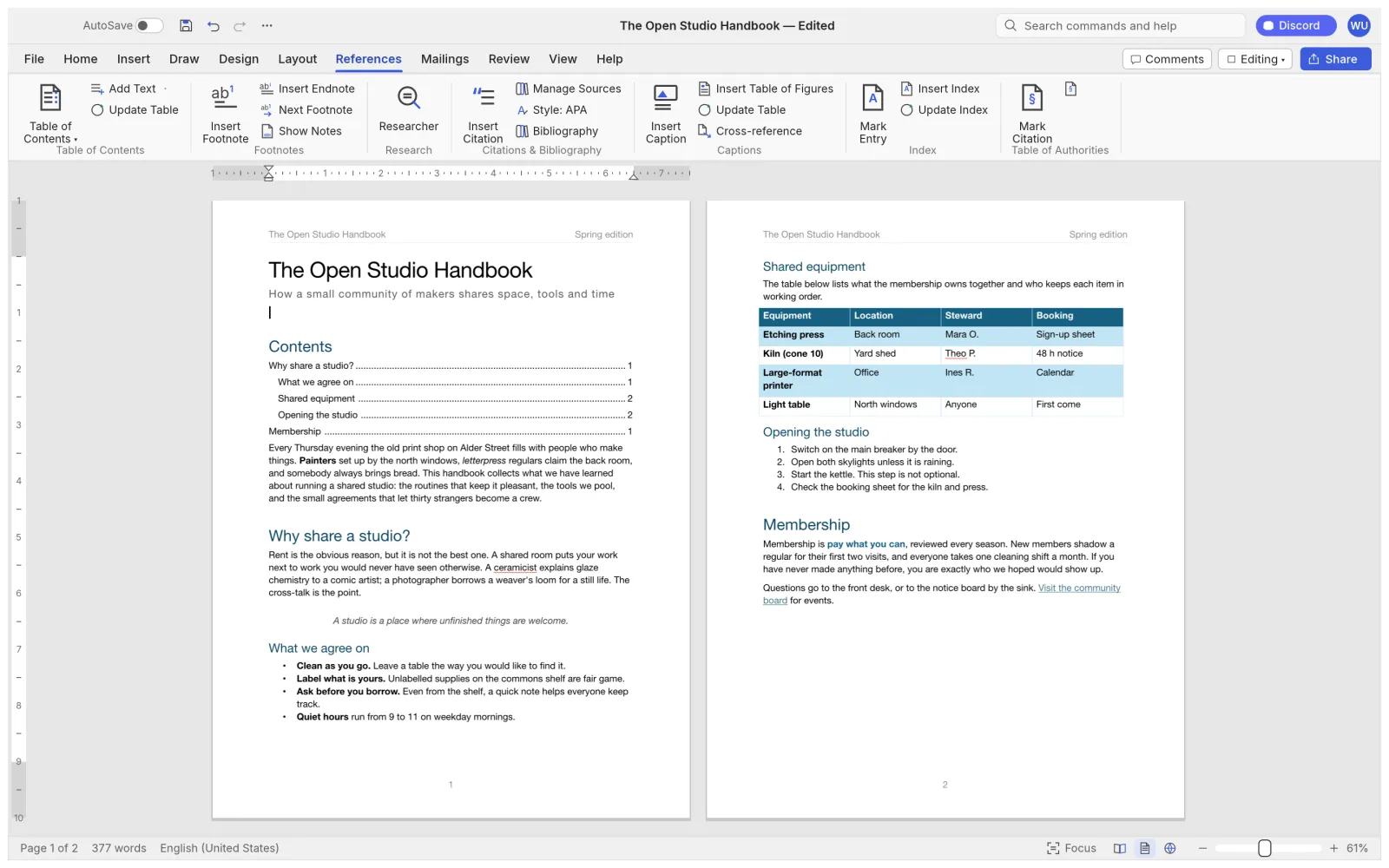 WordCraft References tab with a table of contents